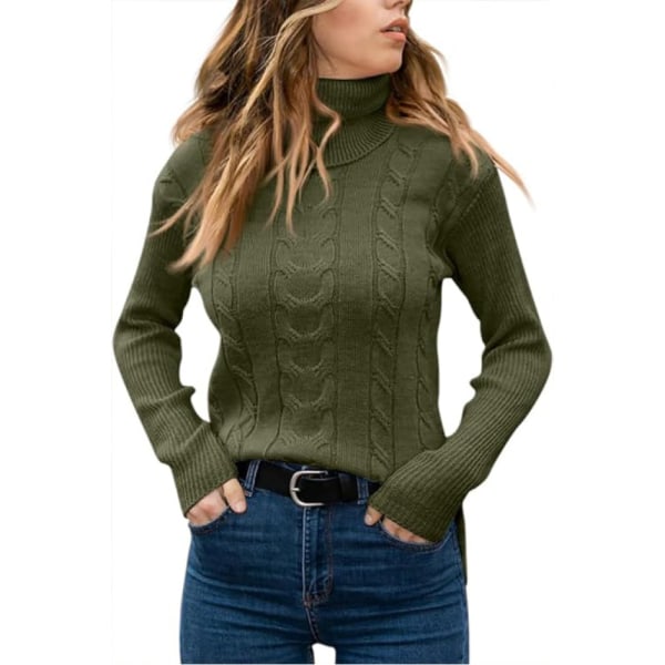 Pullover dameskjorte med rund hals i kabelstrikkede elegante lange ermede topper Army green L