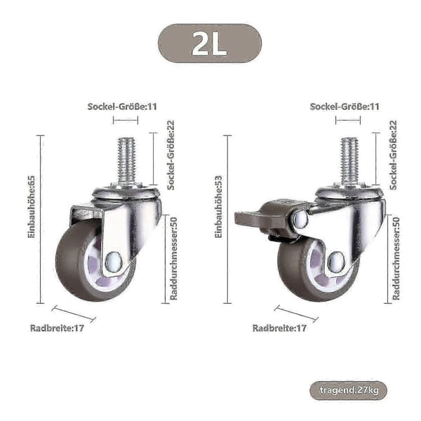 Kraftige svingbare gummihjul M10 for bord 25 mm lengde 2 bremser