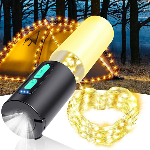 Campinglys, 33 fod lys med lanterner (4 i 1 design), campinglys 2000 mAh oplader, 7 tilstande, IPX6 vandtæt, genopladelige lommelygter til