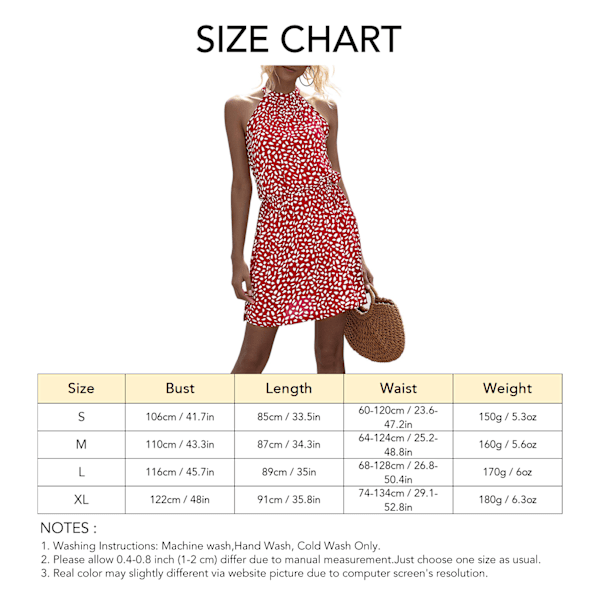 Kvinder Halter Hals Kjole Ærmeløs Elastisk Livvidde Tryk Kort Kjole til Sommer Slid Rød S