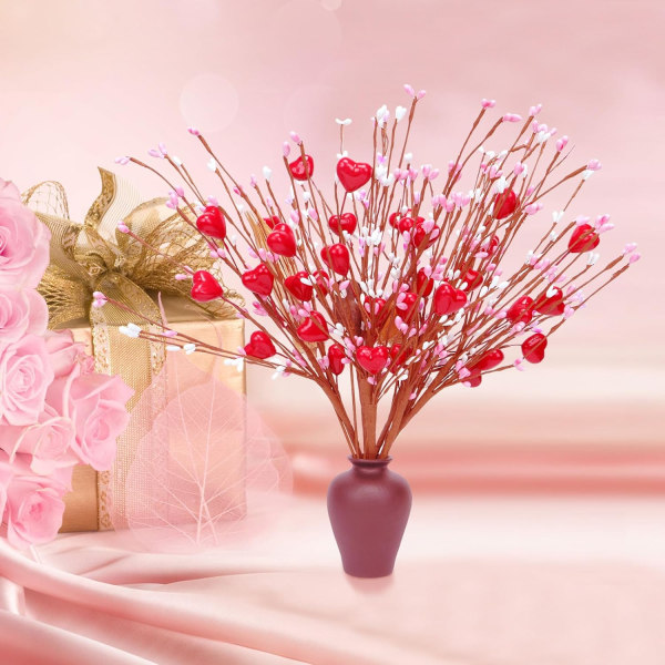 Valentinsdagsgaver, Valentinsblomster, Valentinsdagsdekorasjoner, 6 STK kunstige bærblomststilker Røde hjerteformede bærplukk for