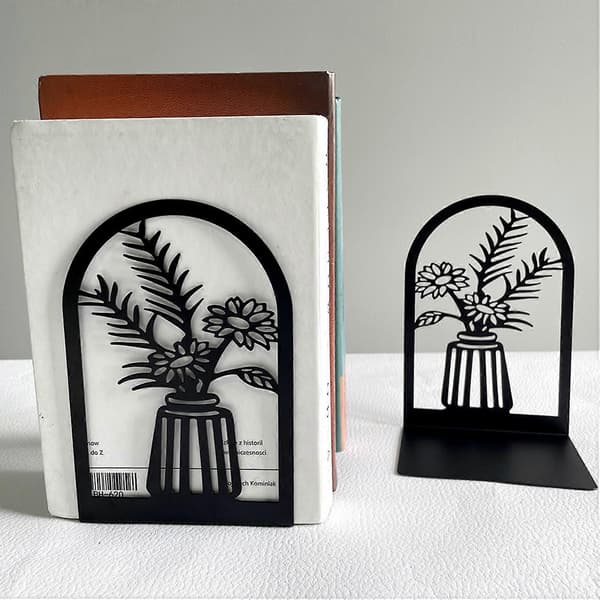 2 stk. bokstøtter for bokhylle, utskåret blomstermønster, vase-design, L-formet, sklisikre E