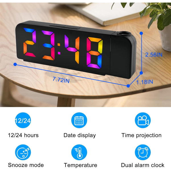 Projisert vekkerklokke, LED digital skjermvekkerklokke, 180 ° roterbar projektor digital klokke med USB-lading, 60 minutter slumre, minne