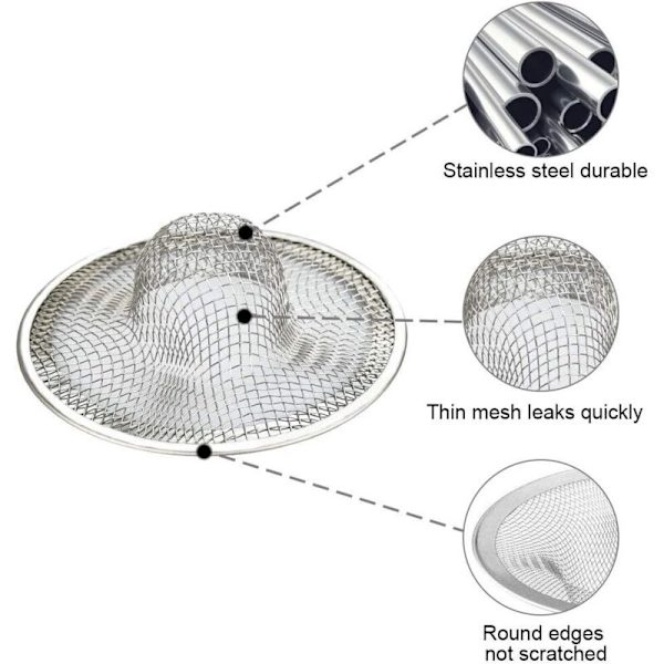 Sæt med 3 si i rustfrit stål, anti-tilstopning afløbsfilter til vask, si (7 cm diameter)