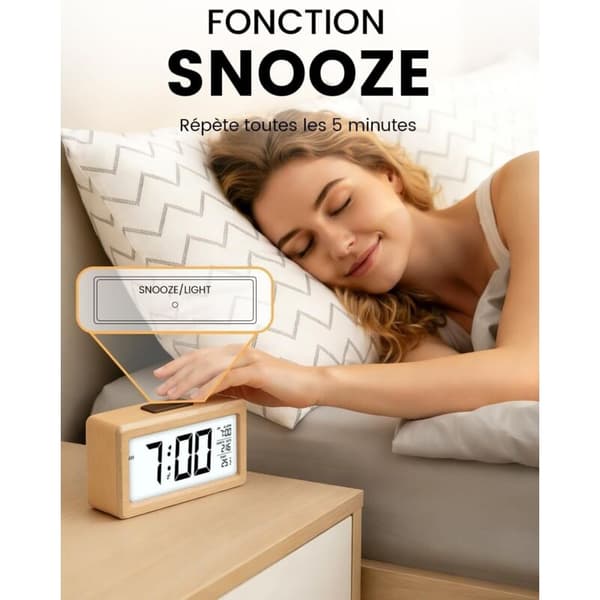 Digital väckarklocka i trä, LCD digital klocka utan tickande med datumvisning, temperatur, snooze-funktion, batteri