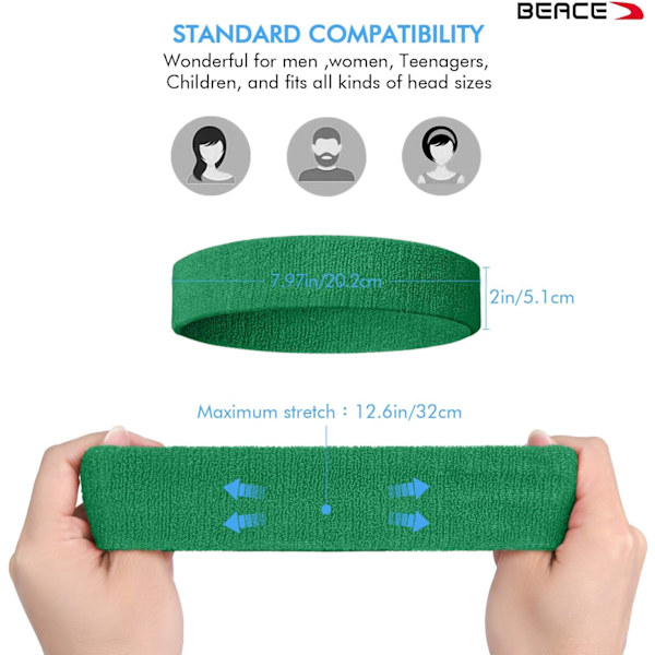 3Pack svettband Sportpannband för män och kvinnor - fuktavledande atletisk bomullsfrotté svettband för tennis, basket, löpning, gym, Black/Gray/Green