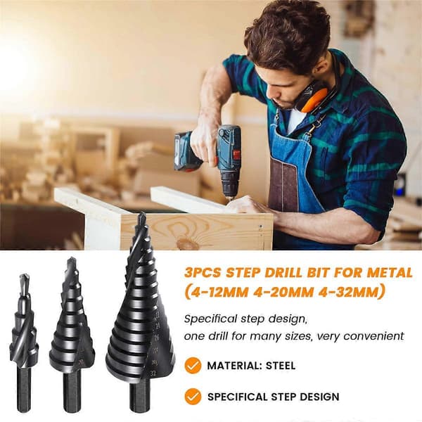 3 Pcs. Step Drill Bit for Metal, 4-12 mm 4-20 mm 4-32 mm Spiral Flute Unibit Step Drill, Coated Univer