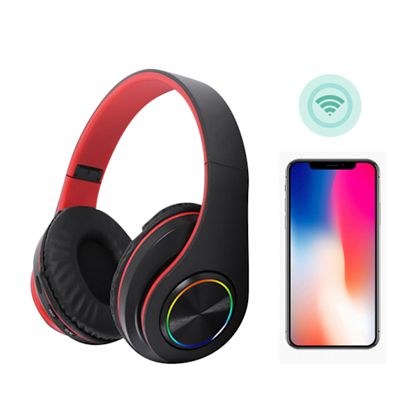 Bluetooth-headset med RGB-ljus, djup bas, brusreducering, bekvämt, vattentätt, hopfällbart trådlöst gamingheadset, svart röd
