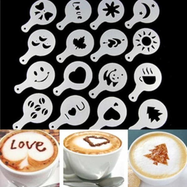 16 stk/parti Kaffe Latte Cappuccino Barista Art Stencils Cake Duster Maler Kaffetilbehør