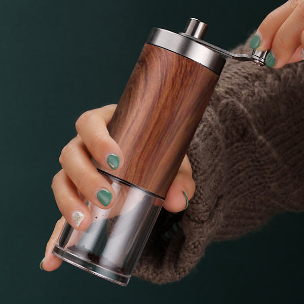 Manuel kaffekværn — håndkaffekværn med justerbar dragetand konisk grat i rustfrit stål, strømløs, manuel kaffekværn til dryp wood grain