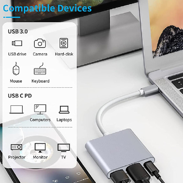 USB C Dockningsstation 3 i 1 Aluminiumlegering 4K HD 5Gbps Överföring 60W PD Ström USB C Hubb för TV Projektor Dator