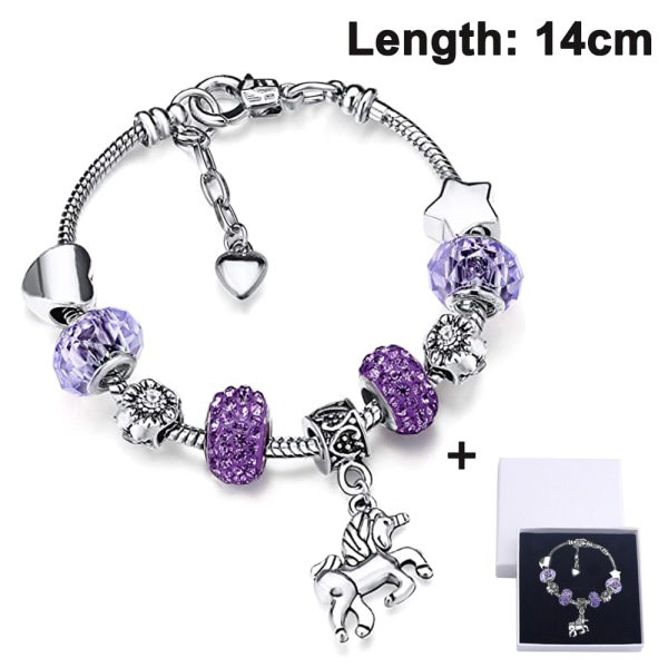 Glänsande kristall strass charm armband armband med enhörning hänge presentförpackning set för kvinnor flickor Purple 14cm