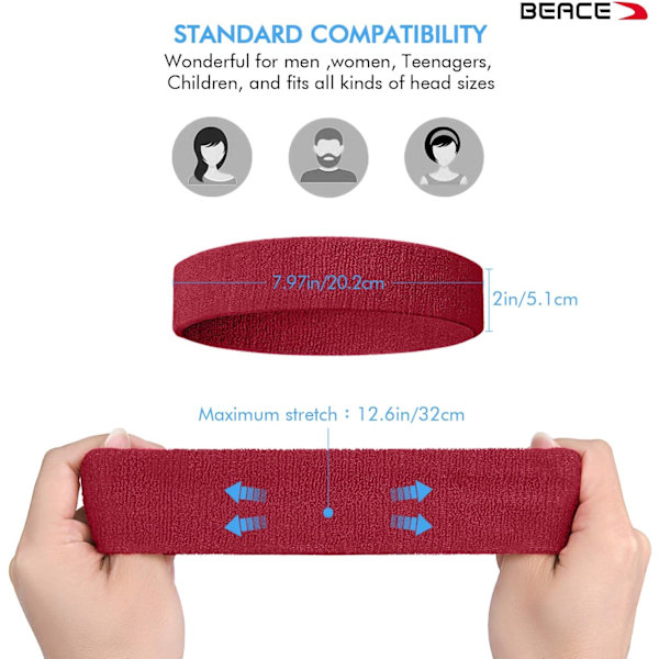 3Pack svettband Sportpannband för män och kvinnor - fuktavledande atletisk bomullsfrotté svettband för tennis, basket, löpning, gym, Black/Gray/Maroon