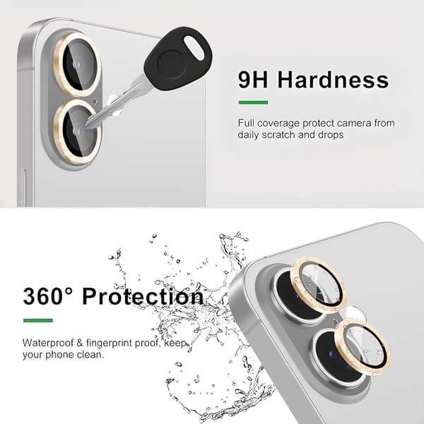 Kamerabeskyttelse for iPhone 16 / iPhone 16 Plus, Glitterdekorasjon Individuelle linsebeskyttere, Ultratynn, Gull