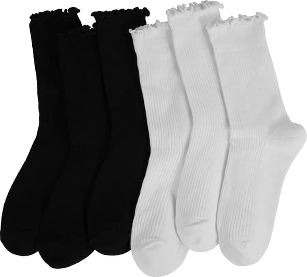 6 par damestrømper med flæser, lette ankelstrømper i bomuldsblanding med flæser, bløde, elastiske, åndbare hverdagsstrømper, Black、white