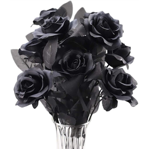 10 pakke sort rose kunstig blomst enkelt stilk falske silkeblomster brude bryllupsbuket, realistisk blomstrende flora til hjemmehavefest Hotelkontor Black