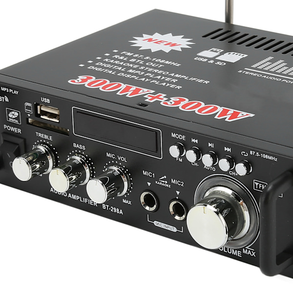Effektförstärkare 300W 300W Bluetooth med USB-minneskortplats Fjärrkontroll LED-display för Hemstereosystem 220V EU-kontakt