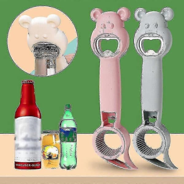 4-i-1 Multifunktionel Glasåbner til Dåser, Ølflasker og Låg - Holdbart Køkkenredskab i Rustfrit Stål Light grey