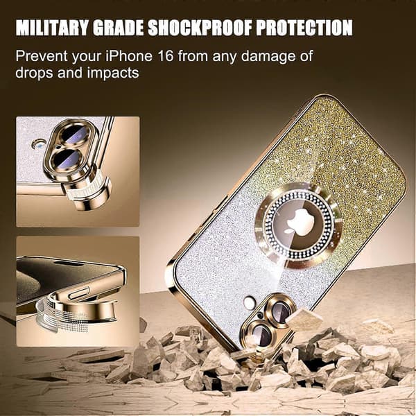 Misscase for iPhone 16 Magnetic Glitter Case Compatible with MagSafe, Full Protection Slim Shockproof Anti-Scratch Case with Camera Lens Protector gold