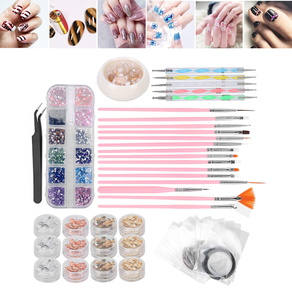 Nagelkonstverktyg Set DIY Nagelborste Prickpen Rhinestones Dekoration Tennfolie Papper Kit