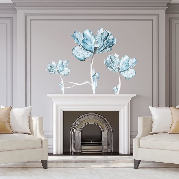 Blå drömblomma väggdekaler, DIY-avtagbara stora vita ljusblå blommor Lotus väggdekaler, skala och sticka väggmålning konst för dagis vardagsrum