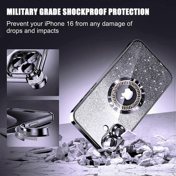 Misscase for iPhone 16 Magnetic Glitter Case Compatible with MagSafe, Full Protection Slim Shockproof Anti-Scratch Case with Camera Lens Protector black