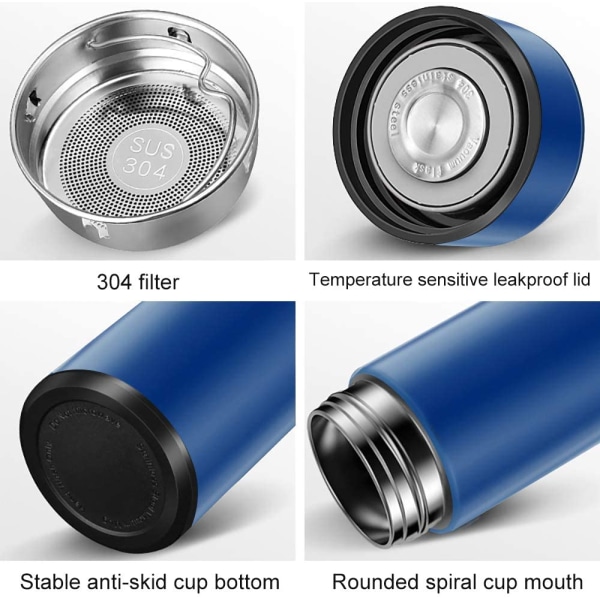 Termosflaske, 480 ml vannflaske vakuumisolert kopp 304 rustfritt stål, LED berøringsskjerm temperaturdisplay, smart kopp forseglingsflaske ideell Blue