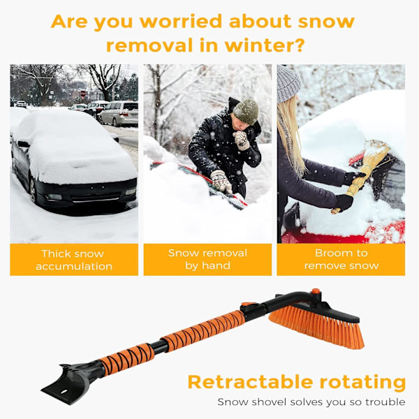 Isskrapa med utdragbar snöborste för bilvindruta med ergonomiskt skum greppskum och mjukt borsthuvud för lastbil SUV-fordon