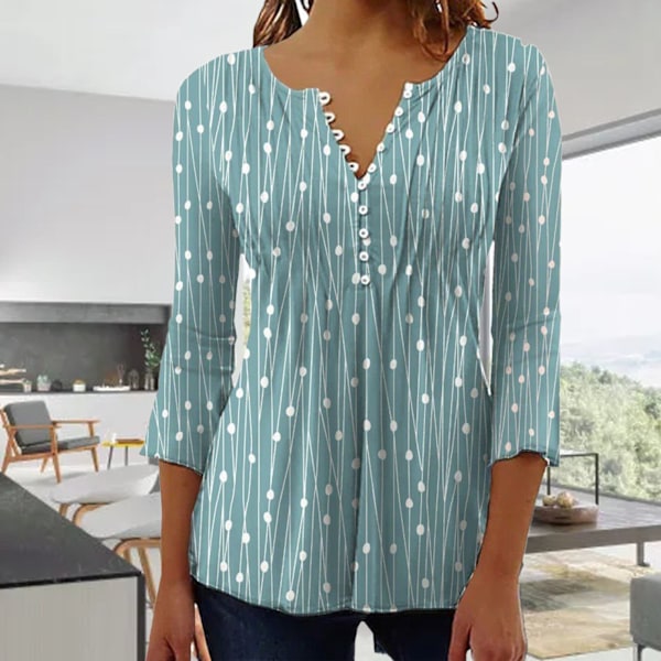 Women V Neck Dot Print Blouse 3/4 Sleeve Button Front Dressy Elegant Casual Top Shirt Green M