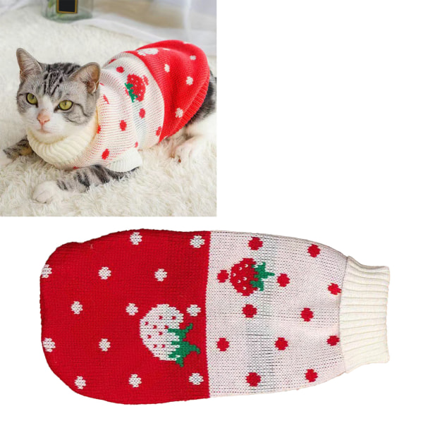 Kattetrøje høj krave 2-benet varmt jordbærmønster Stilfuld sød kæledyrsstrikket sweater til daglig fest Rød S