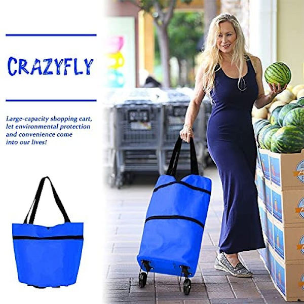 Vikbar shoppingvagn, hopfällbar tvåstegs dragkedja Vikbar shoppingväska med hjul Vikbar shoppingvagn För frukt, grönsaker, shopping Blue
