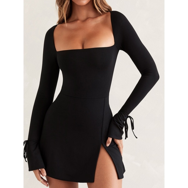 1 stk højtaljet slids kjole--sort black M