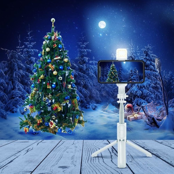 Selfie Stick-stativ med fjärrkontroll, utdragbart Selfie Stick-stativ med LED-ringljus, löstagbar fjärrkontroll kompatibel med IPhone 13/13 Pro/12/11/11 White