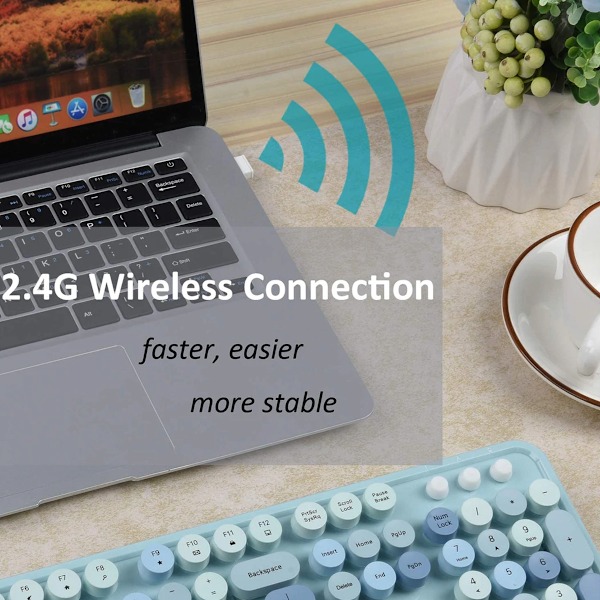 Färgglada Trådlösa Tangentbord och Mus-Kombinationer för Datorer, 2.4GHz Droppfri Anslutning och Optisk Mus (Lila-Färgglad)-Blå-färgglad