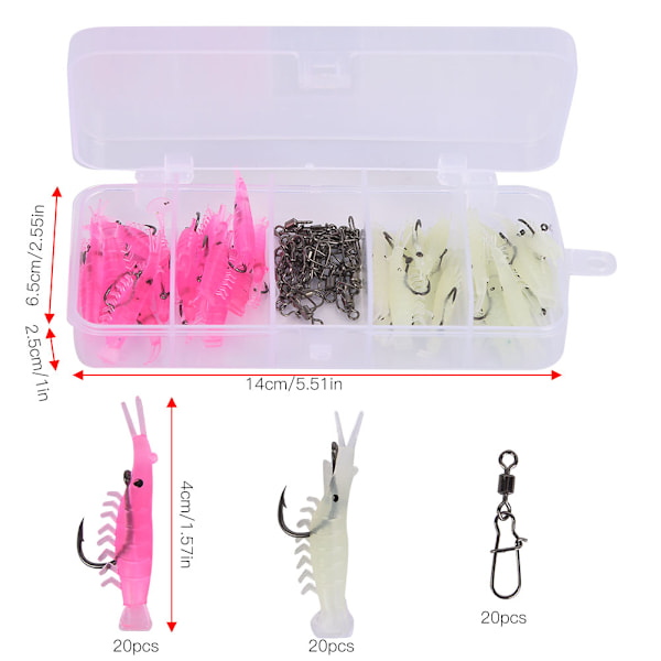 T0055 60PCS Soft Plastic Lures Shrimp Bait Set Kit with Hook Connector Fishing Tackle Tools Accessory10# Hook