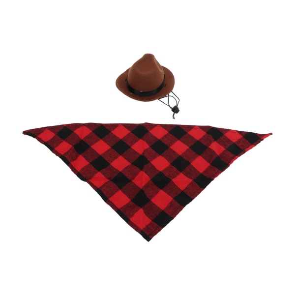 Koiran Cowboy-hattu ja -huivi säädettävä lemmikki Cowboy- set Halloween-bileisiin (ruskea punainen ruudukko)