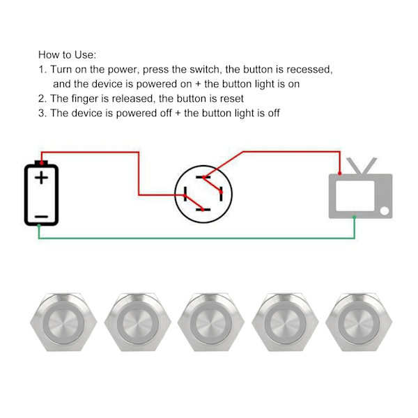 5 stk. Momentane Trykknapskontakter Metal Auto Reset Ultra Tynd Vandtæt med LED 25mmDC3~6V Hvid