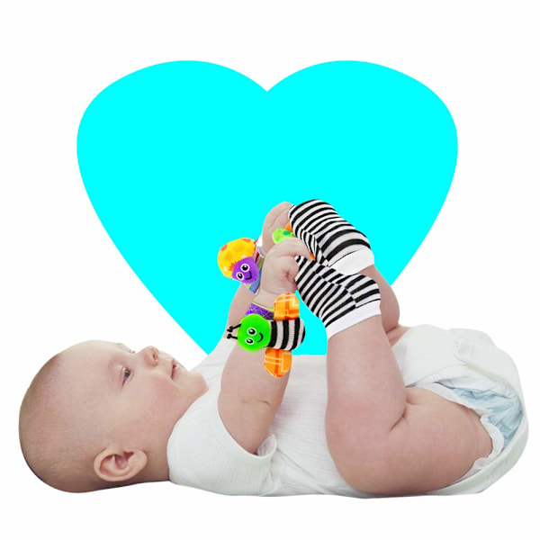 Babys resa till förundran, söta present handledsskallror och fotsocksökare, främjar sensorisk utforskning och motorisk färdighetsutveckling (4 st)