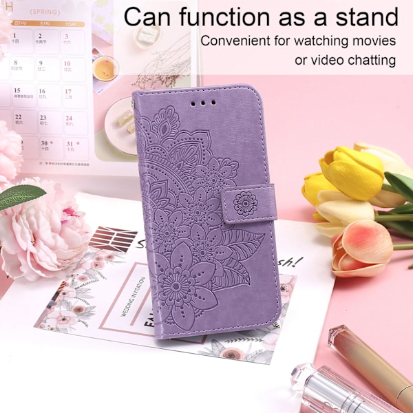 Telefonplånboksfodral med kortfack Stativ PU Läder Blomma Präglad Skyddande Flipfodral för IPhone 13 Lila