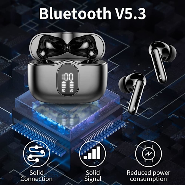 Trådlösa hörlurar, Bluetooth 5.3, stereobas, hörlurar med brusreducerande mikrofon, LED-display, IP7 vattentäta in-ear