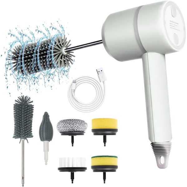 Super Electric Spin Scrubber 1000RPM med 6 borsthuvuden, bärbar uppladdningsbar skurrengöring sladdlös för badrum, kök, toalett, flaska, fat,
