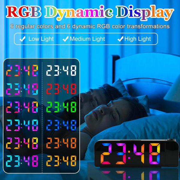 Projektionsväckarklocka, LED digital display väckarklocka, 180° roterbar projektor digital klocka med USB laddning, 60 minuters snooze, minne