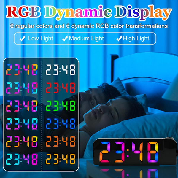 Projektionsvækkeur, LED digitalt display-vækkeur, 180° roterbart projektor digitalt ur med USB-opladning, 60 minutters snooze, hukommelse