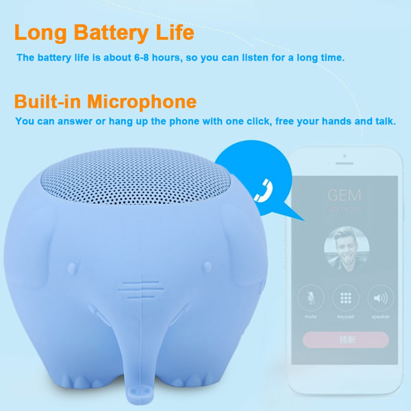 Söt husdjursformad elefant, portabel trådlös Bluetooth 5.0-högtalare 400mAh Stereo med MIC (Blå)