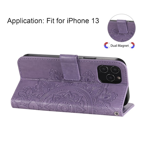 Telefonplånboksfodral med kortfack Stativ PU Läder Blomma Präglad Skyddande Flipfodral för IPhone 13 Lila