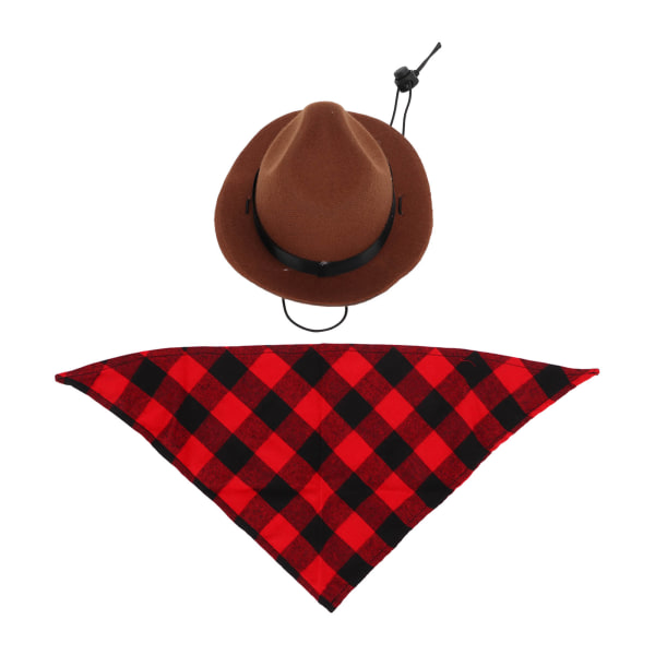 Hundecowboyhatt og -skjerf Justerbar kjæledyrcowboykostymesett for rollespill på Halloween-fest (Brown Red Grid)