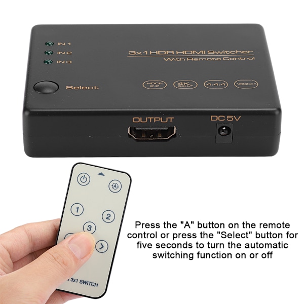 3 Port Switch 3X1 4K 60HZ Fjärrkontroll Tre in och En ut 24M1
