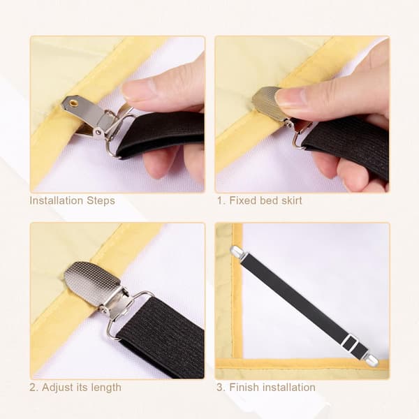 8 Pieces Sheet Clips, Adjustable Sheet Holders, High Elastic Fitted Sheet Straps with Clips, Sheet Fasteners Max Stretch 120cm, Black