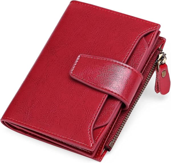 Red Small Genuine Leather Women's Wallet, Compact with RFID Protection