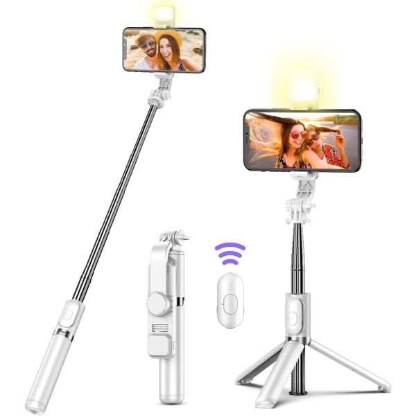 Selfie Stick-stativ med fjernbetjening, udvideligt Selfie Stick-stativ med LED-ringlys, aftagelig fjernbetjening kompatibel med IPhone 13/13 Pro/12/11/11 White